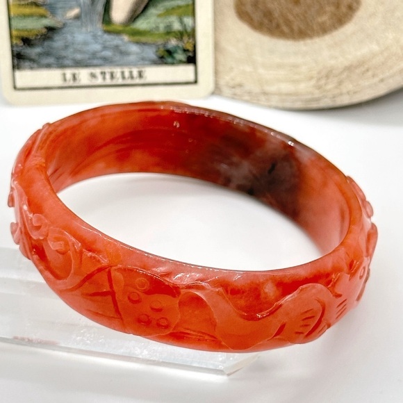 Rare Red Jadeite Jade Hand Carved 62mm Lotus Flower Ruyi Fish Bangle Bracelet - Picture 2 of 8
